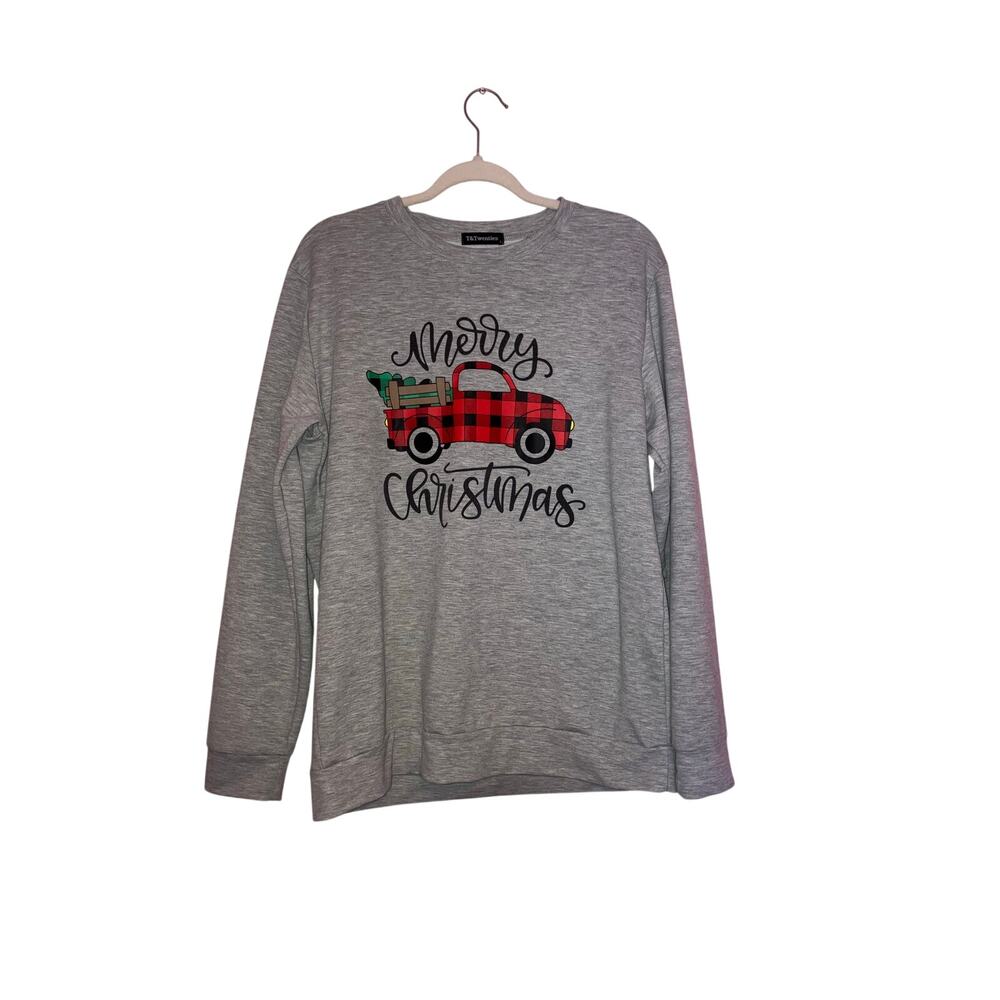 T & Twenties "Merry Christmas" Truck Long Sleeve Comfy Top Size Large